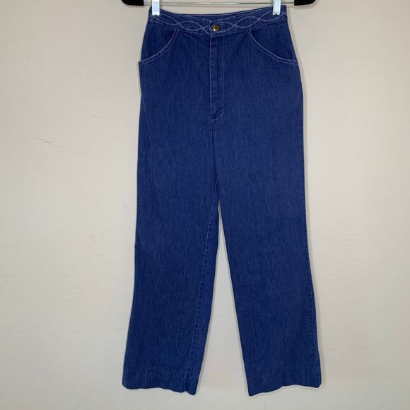 70s Vintage High Waisted Jeans Waist 26" Topstitched Pattern Waist - Picture 2 of 6